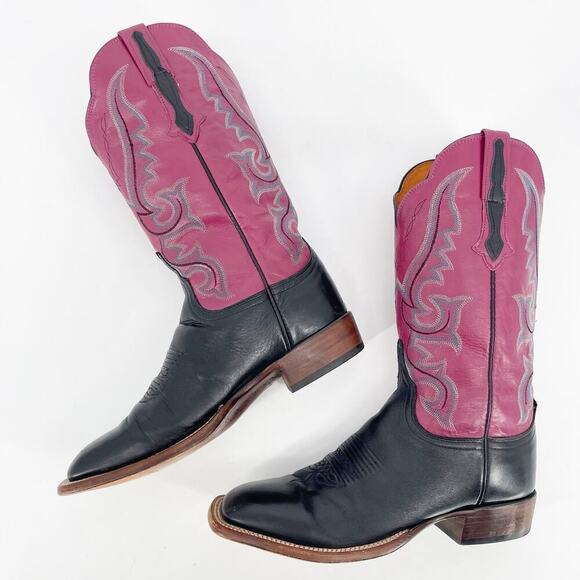 Lucchese Black Mauve Colorblock Square Toe Low Heel Western Cowgirl Boot size 10 - Picture 4 of 11